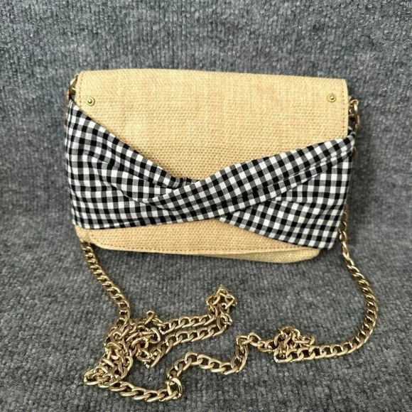 Abbie & Emmie Straw Crossbody Womens Small Gingham Gold Chain Summer Purse - Picture 1 of 12